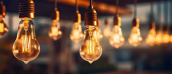Decorative antique edison style light bulbs in glass cafe