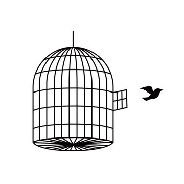 bird fly out from cage design. freedom concept, sign and symbol.