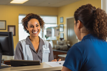 A smiling clinic secretary welcomes a client at the counter.