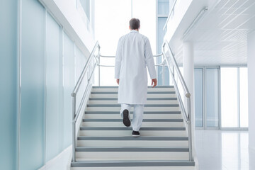 Doctor moving down from staircase in hospital. All white clean hospital environment.