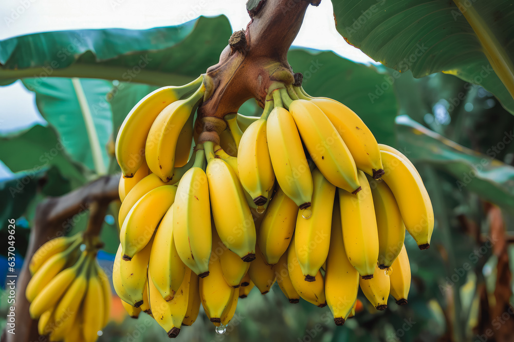 Wall mural Clusters of banana fruits on trees.