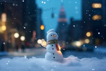 Fototapeta premium Christmas snowman in the city