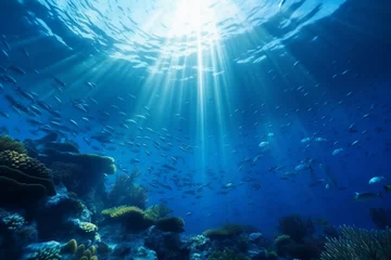 Cercles muraux Récifs coralliens Underwater blue ocean with sunbeam