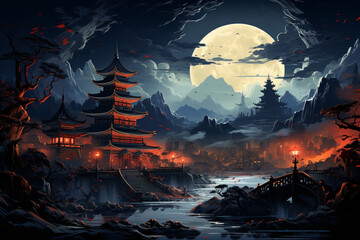 Moon and temple imaginary and fantasy landscape illustration