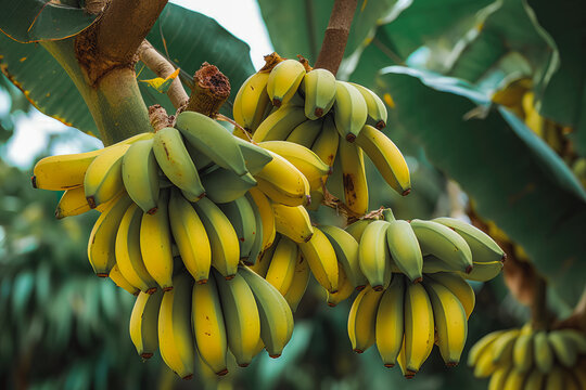 Clusters of banana fruits on trees.