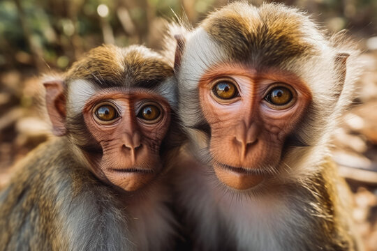 Endearing monkey couple looking at camera. One young monkey and parent looking at camera cute. - Powered by Adobe