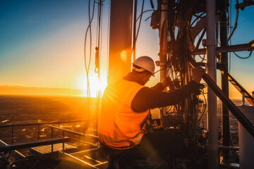 A technician perched on a 5G telecommunications tower fixing an issue. Sunrise or sunset. - obrazy, fototapety, plakaty