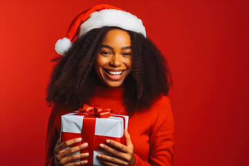 A black female model dressed as Santa offers a gift. Beautiful black woman with santa hat holding a present.