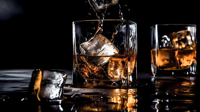 Whiskey, poured into a glass, with pieces of transparent ice cubes, on a wet dark surface. Drops of whiskey and water on the surface and glasses. The dark background. Generative AI technology.