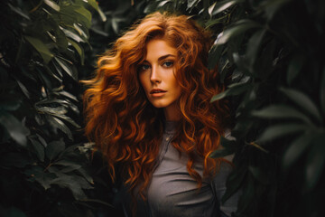 A beautiful woman model with red hair posing among tall trees. Young woman with beautiful long red hair in nature.