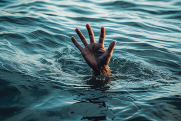 A desperate hand in the water looking for help. Person under water waving for help. - obrazy, fototapety, plakaty