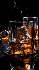 Whiskey, poured into a glass, with pieces of transparent ice cubes, on a wet dark surface. Drops of whiskey and water on the surface and glasses. The dark background. Generative AI technology.