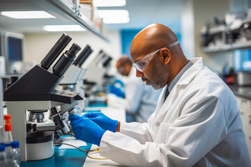 Naklejka na ściany i meble A laboratory technician examines a biological sample under a microscope. Biology and chemistry lab concept.