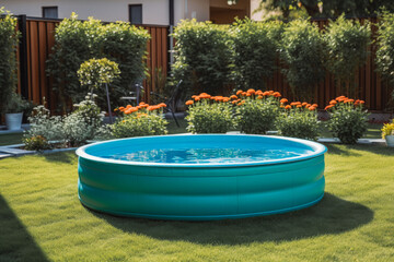 A plastic pool mounted in the courtyard grass. Round plastic pool on sunny day in back yard.