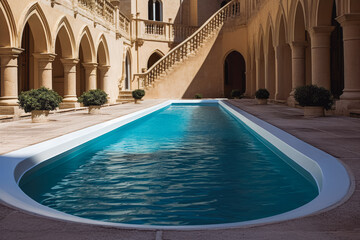 A plastic pool mounted in the courtyard in the mediterranean. Round plastic pool on sunny day in back yard.