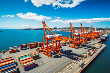 Container port terminal. Big shipping in port. Delivery and shipping big containers.