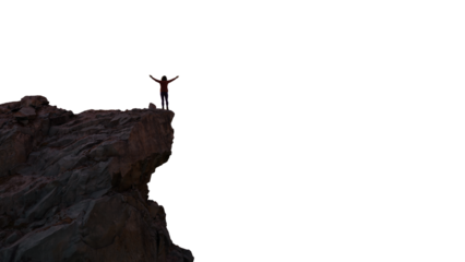 Adventure Hiker Standing on top of Rocky Mountain Cliff. Adventurous Composite. PNG Cutout