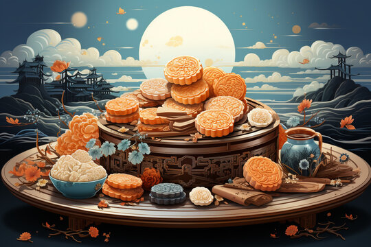 Assorted moon cake and tea cup Mid Autumn Festival concept illustration