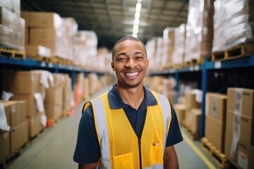 Portrait of a smiling young african american warehouse manager in a warehouse - Powered by Adobe