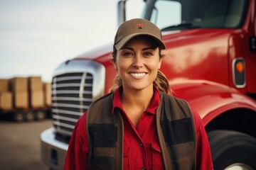 Portrait of a caucasian middle aged female trucker standing by her truck and smiling in the US