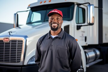 Portrait of a middle aged african american trucker standing by his truck and smiling in the US