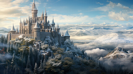 Castle above the clouds on the side of a mountain, high altitude, castle in the sky, fantasy snow...
