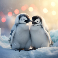 A cute penguin couple at the North Pole looking happy.