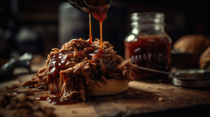 bbq sauce drizzled over pulled pork.