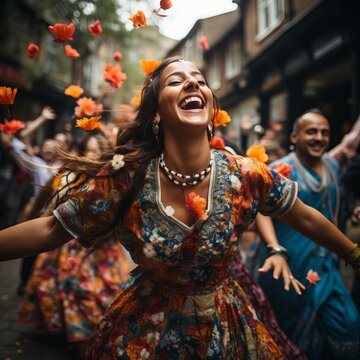 The religious movement of Hari Krishna and Hare Krishnas with songs and dances walk along the streets of the city, a garland of flowers on a woman and men. Concept: Hindu mantra among passers-by.
