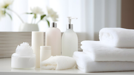 Fototapeta na wymiar Toiletries soap towel creams and lotions