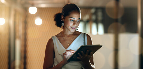 Business woman, tablet or walking in coworking office at night with deadline vision, digital...