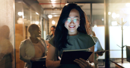Night, tablet and business people walking in office after finishing work task. Tech, overtime and Asian woman with group of friends going home after working late on sales project in dark workplace. - obrazy, fototapety, plakaty