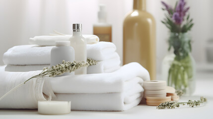 Fototapeta na wymiar Towels with herbal bags and beauty treatment items