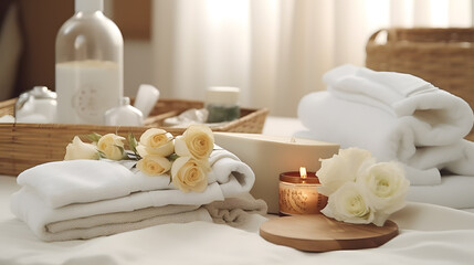 Towels with herbal bags and beauty treatment items