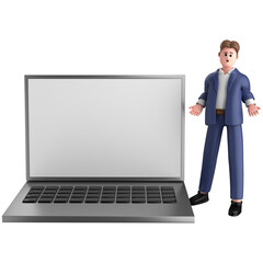 3d businessman executive pose wearing suit standing with blank screen laptop isolated on white background, 3d rendering