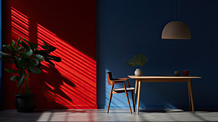 Modern minimalist dining room, contrasting colors, red and blue background, minimalist photography, still life