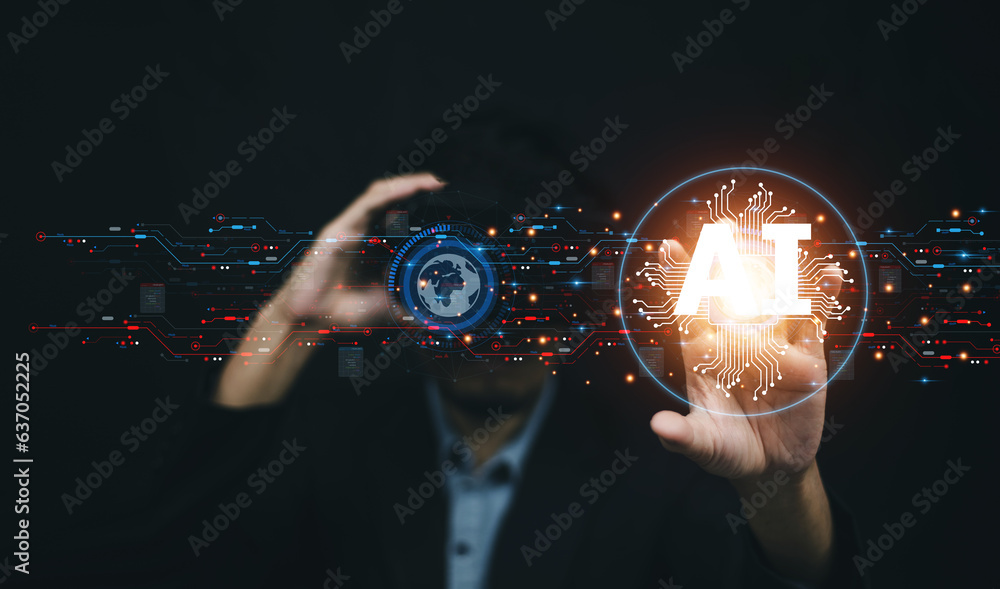 Poster ai technology, artificial intelligence. hand holding ai technology, artificial intelligence.