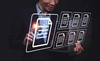 businessman reviews the steps using a virtual online document and paperwork.