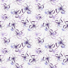 Doodle flowers seamless texture for paper or textile.Single color contour drawings  of abstract flowers. Hand drawn, vector. Design botanical drawing layout for wallpaper, fabric, packaging