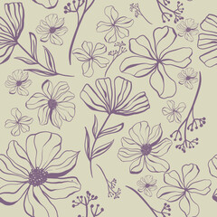 Fototapeta na wymiar Doodle flowers seamless texture for paper or textile.Single color contour drawings of abstract flowers. Hand drawn, vector. Design botanical drawing layout for wallpaper, fabric, packaging