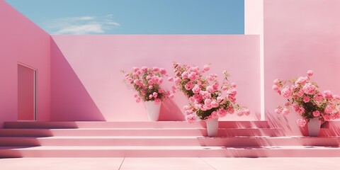 AI Generated. AI Generative. Pink wall botanical flowers plant architecture. Luxury cozy minimal vibe  Can me used like mock up background promotion material