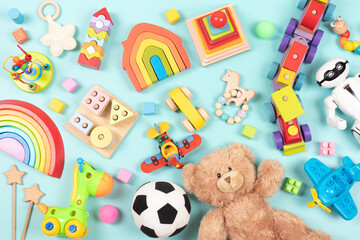 Baby kids toys pattern. Set of colorful educational wooden and fluffy toys for children on light...