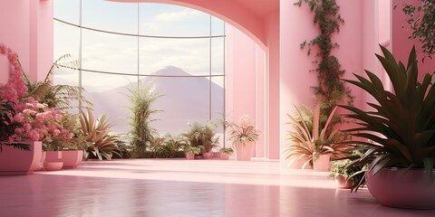 AI Generated. AI Generative. Pink wall botanical flowers plant architecture. Luxury cozy minimal vibe  Can me used like mock up background promotion material