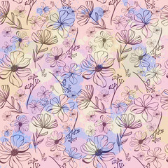 Doodle flowers seamless texture for paper or textile.Color contour drawings of abstract flowers. Hand drawn, vector. Design botanical drawing layout for wallpaper, fabric, packaging
