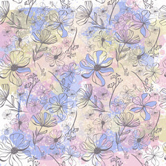 Doodle flowers seamless texture for paper or textile.Color contour drawings of abstract flowers. Hand drawn, vector. Design botanical drawing layout for wallpaper, fabric, packaging