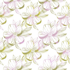 Doodle flowers seamless pattern for paper or textile. Light outline drawings of abstract flowers. Hand drawn, vector. Design botanical drawing layout for wallpaper, fabric, packaging