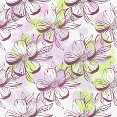 Doodle flowers seamless pattern for paper or textile. Light outline drawings of abstract flowers. Hand drawn, vector. Design botanical drawing layout for wallpaper, fabric, packaging