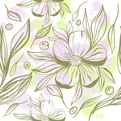 Doodle flowers seamless pattern for paper or textile.
Light outline drawings of abstract flowers. Hand drawn, vector. Design botanical drawing layout for wallpaper, fabric, packaging.