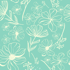 Fototapeta na wymiar Doodle flowers seamless pattern for paper or textile. Light outline drawings of abstract flowers. Hand drawn, vector. Design botanical drawing layout for wallpaper, fabric, packaging.