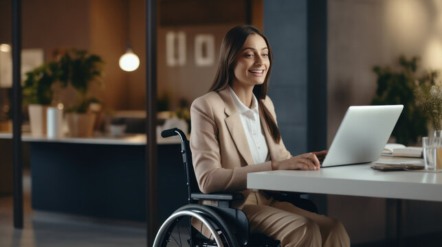 Businesswoman on the wheelchair with group friends in the modern white office in America
